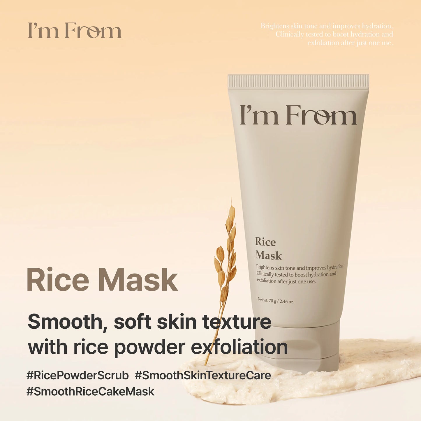 I'M from Rice Mask, Gentle Exfoliating & Hydrating Wash-Off Face Mask with Rice Powder for Glass Skin, Suitable for Sensitive Skin, 2.37 Fl Oz, Exfoliate, Organic, Moisture, Nourishing, Hypoallergenic Face Scrubs & Peels, Single Item