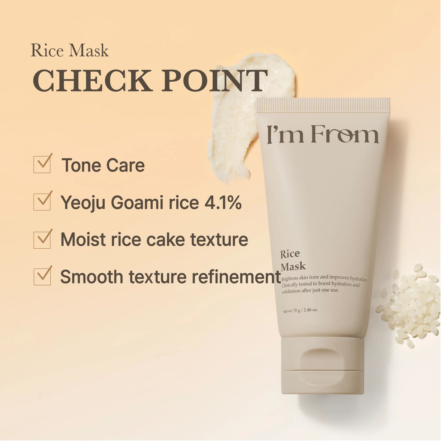 I'M from Rice Mask, Gentle Exfoliating & Hydrating Wash-Off Face Mask with Rice Powder for Glass Skin, Suitable for Sensitive Skin, 2.37 Fl Oz, Exfoliate, Organic, Moisture, Nourishing, Hypoallergenic Face Scrubs & Peels, Single Item
